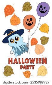 Set of elements for a Halloween party invitation flyer. Ghost with balloons in Halloween style against autumn leaves background. Vector illustration.