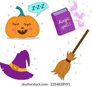 A set of elements for Halloween: a pumpkin, a book of spells, a witch's hat and a broom. Vector is a cute illustration in a hand-drawn style. A set for Halloween.