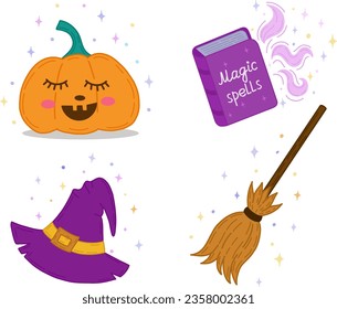 A set of elements for Halloween: a pumpkin, a book of spells, a witch's hat and a broom. Vector is a cute illustration in a hand-drawn style. A set for Halloween.