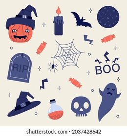 Set of elements for Halloween. Pumpkin, candle, candy, cobweb, flask, hat. Vector illustration in flat style.