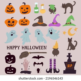 Set of elements for Halloween with pumpkins and cute ghosts. For greeting cards, party invitations, tags, stickers. Vector hand drawn