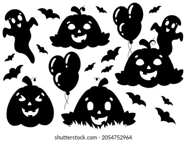 Set of elements for Halloween pumpkins, ghosts, bats. Black silhouette. Design element. Vector illustration isolated on white background. Halloween theme.