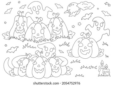 Conjunto de elementos para calabazas de Halloween, fantasmas, murciélagos. Colorando la página del libro para los niños. Caricatura de estilo. Ilustración vectorial aislada en fondo blanco.