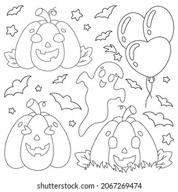 Set of elements for Halloween pumpkins, ghosts, bats. Coloring book page for kids. Cartoon style character. Vector illustration isolated on white background.