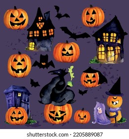 Set of elements for Halloween, pumpkins, houses and creatures.