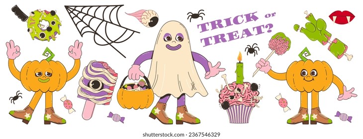 Set of elements for Halloween in retro cartoon style. Vector character illustration of pumpkin, ghost, ice cream with eye, cupcake, zombie hand, donut and other elements.