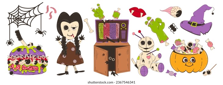 Set of elements for Halloween in retro cartoon style. Vector character illustration of pumpkin with sweets, voodoo doll, scary doll, zombie hand, fast food, TV and other elements.