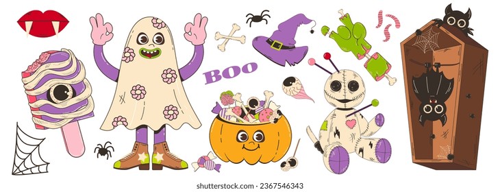 Conjunto de elementos para Halloween en estilo retro de caricatura. Ilustración vectorial de calabaza con dulces, fantasma, mano zombie, helado con ojos, ataúd de muñeca vudú con bate y otros elementos.