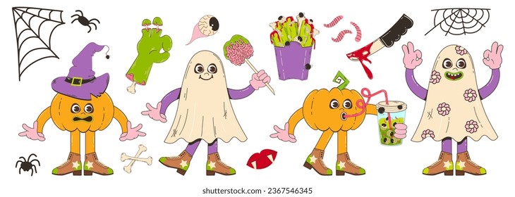 Set von Elementen zu Halloween im Retro-Cartoon-Stil. Vektorgrafik von Kürbis, Geist, Fast Food, Zombie Hand und anderen Elementen.