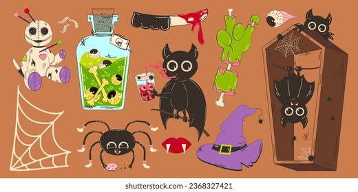 Conjunto de elementos para Halloween en estilo retro de caricatura. Coffin con un murciélago, mano zombie, poción, araña bebe sangre y otros elementos.