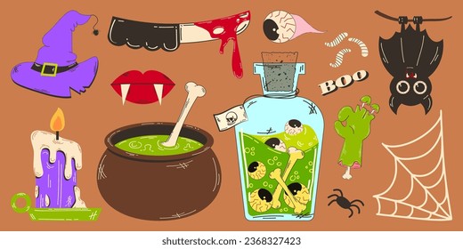 Set of elements for Halloween in retro cartoon style. Vector illustration of a bat character, witch's potion, cobweb and other elements.