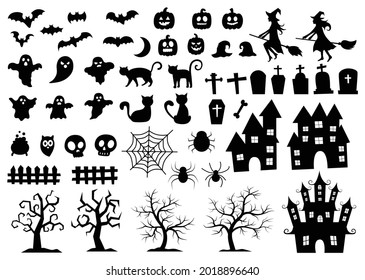 set elements for halloween silhouettes icon and characters isolated on white background. vector 