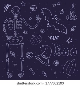 Set of elements for Halloween. Skeleton, bat, witch hat, pumpkin, eyeball, leaves and twigs, word boo. Doodle style line objects. Concept holiday vector illustration. Happy Halloween