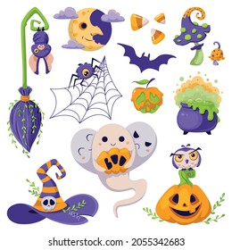 Сartoon set of elements for halloween, vector illustration