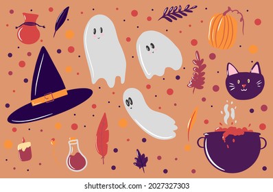 Set of elements for Halloween, a witch's hat, cute ghosts, a witch's cauldron with a potion, black cat's face, set of leaves, leaf fall, cozy candle, autumn cartoon illustration, vector