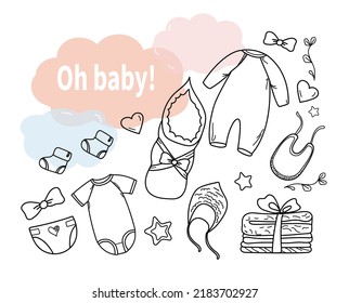 Set Elements of hand drawn baby clothes. Cartoon sketch style doodle for icon, banner. 