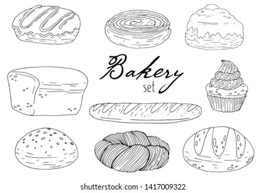 set elements with hand drawn bakery products isolate on a white background. Vector icons in sketch style. Hand drawn isolated objects