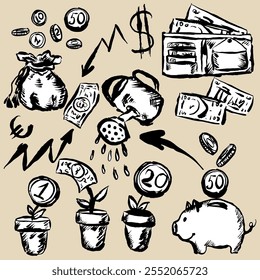 Set of elements. Hand drawn with texture. Doodle. Brush strokes, ink. Coins and wallet. Growth of money. Piggy bag and arrows. Vector isolated.