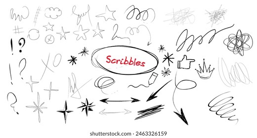 Set of elements. hand-drawn doodles. We emphasize the sketch, the accent, the set of arrow shapes. Hand drawn brush stroke, highlight, cloud, underline, glitter element. Vector illustration.