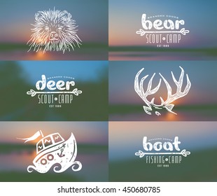Set of elements in hand-drawn style: bear, deer horn, boat. Graphic design for t-shirt. And blurred backgrounds 