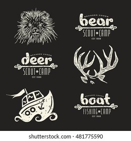 Set of elements in hand-drawn style: bear, deer horn, boat. Graphic design for t-shirt. White print on black background