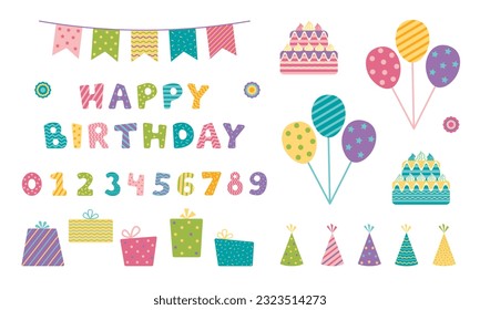 Conjunto de elementos para el diseño de feliz cumpleaños. Colección aislada sobre fondo blanco. Letras y números, globos y caja de regalo, torta. Ilustración de material vectorial.