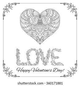 Set of elements for Happy Valentine's day card. Love Heart, frame. Vector illustration. Coloring book for adult and older children. Coloring page. Outline drawing.
