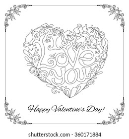 Set of elements for Happy Valentine's day card. Love Heart, frame. Vector illustration. Coloring book for adult and older children. Coloring page. Outline drawing.
