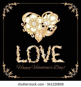 Set of elements for Happy Valentine's day card. Love Heart, frame. Vector illustration. In gold and black. Art deco style.