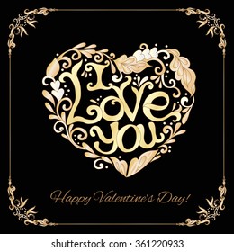 Set of elements for Happy Valentine's day card. Love Heart, frame. Vector illustration. In gold and black. Art deco style.