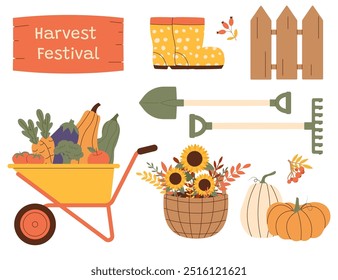 Set of elements for a harvest festival. Vector illustration for seasonal designs, fall celebrations, and festive decorations