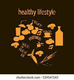 a set of elements of a healthy lifestyle. fruit, vegetables, beverages.