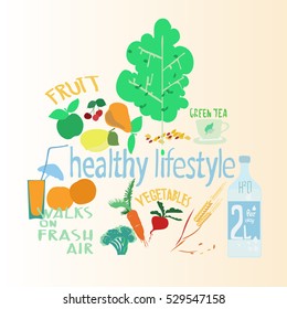 a set of elements of a healthy lifestyle. fruit, vegetables, beverages.
