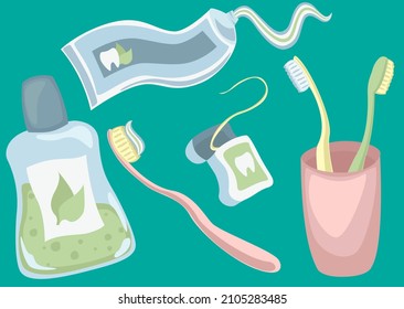 A set of elements for healthy teeth. Tools for brushing teeth. Oral care and hygiene products. Toothbrush, toothpaste, mouthwash and dental floss. Vector illustration in a flat style
