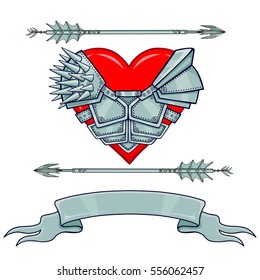 Set of elements: heart in armor, metal arrows, a tape. Color vector illustration isolated on a white background.