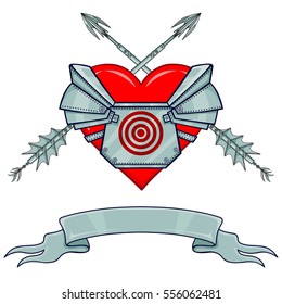 Set of elements: heart in armor, metal arrows, a tape. Color vector illustration isolated on a white background.