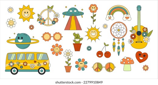 Set of elements in the hippie style 1970. Flat psychedelic elements. Cute hippy collection. Retro trippy objects.