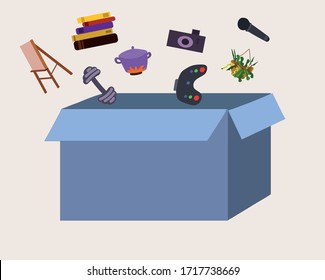 Eine Reihe von Elementen für ein Hobby zu Hause: Zeichnen, Nähen, Singen, Sport, Gitarre, Spiele, Kochblumen, Bücher in Kisten