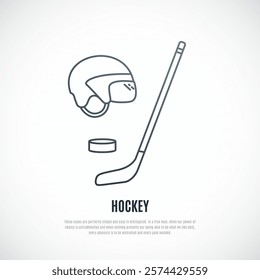 Set Elements of hockey. Hockey stick, puck and helmet line icons.