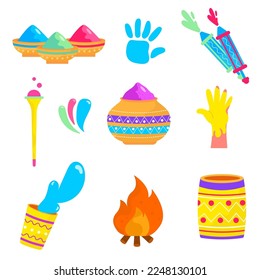 A set of elements for the Holi festival. Hand in paint, paint, powder, fire