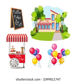 A set of elements for a holiday banner and food. A trolley with coffee and balloons. Menu board and cafe building. Vector illustration.