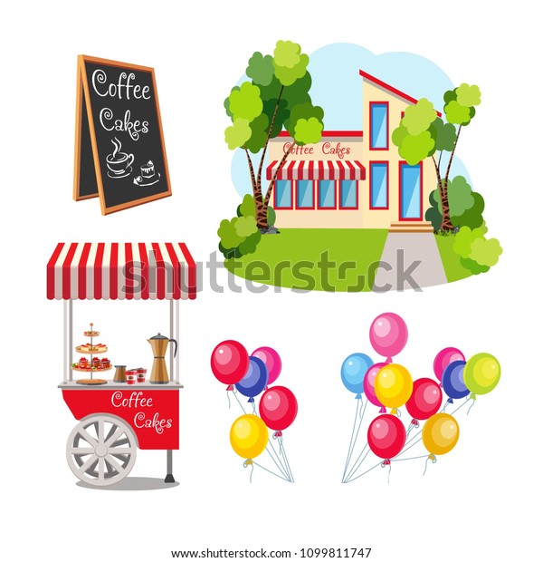 A set of elements for a holiday banner and\
food. A trolley with coffee and balloons. Menu board and cafe\
building. Vector\
illustration.