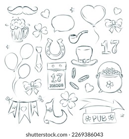 Set of elements for holiday design, St. Patrick's Day. Doodle style 
