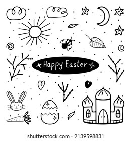 A set of elements for the holiday of Easter in doodle style for various types of decoration, postcards, stickers. Vector illustration.