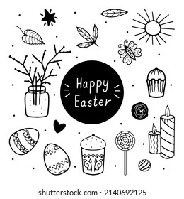 A set of elements for the holiday of Easter in doodle style for various types of decoration, postcards, stickers. Vector illustration.