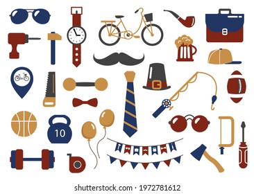 Set of elements for the holiday Father's Day. Flat style. White background, isolate. Vector illustration.