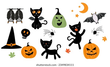 A set of elements for the holiday of Halloween. Black cats, pumpkins, bats, web spiders, witch hat. Vector graphics.