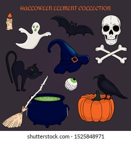 Set of elements for holiday Happy Halloween. Trick or treat. Witch hat, pumpkin, broom, bat, ghost, cauldron, raven, eye with capillaries, skull, skeleton, cat. Color vector illustration. Hand drawn.