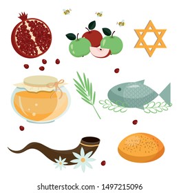 Set of elements for the holiday Rosh Hashanah-fish, apples, honey, star, shofar, pomegranate. Isolated on white background. Vector graphics