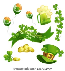 Set of elements for the holiday of St. Patrick's Day. Ribbon with the inscription, green hat, trefoil, a mug with green beer, gold coins.